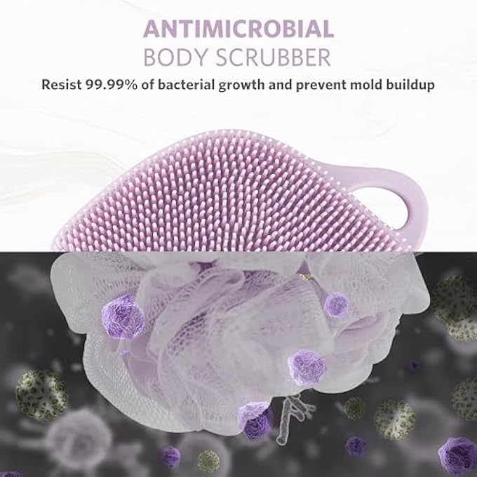 Sndyi Silicone Body Scrubber, Gentle Exfoliating Body Scrubber for Sensitive Skin, Leaf Shaped Shower Scrubber for Body with Lathering Bristles, Silicone Loofah Body Brush for Showering, Purple - Image 3